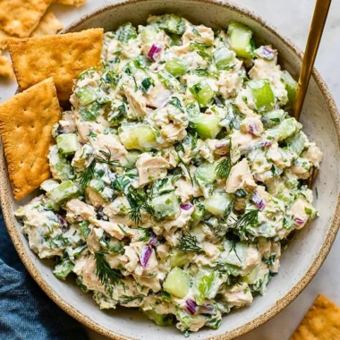 Delicious Tzatziki Chicken Salad served in a bowl with fresh ingredients