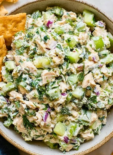 Delicious Tzatziki Chicken Salad served in a bowl with fresh ingredients