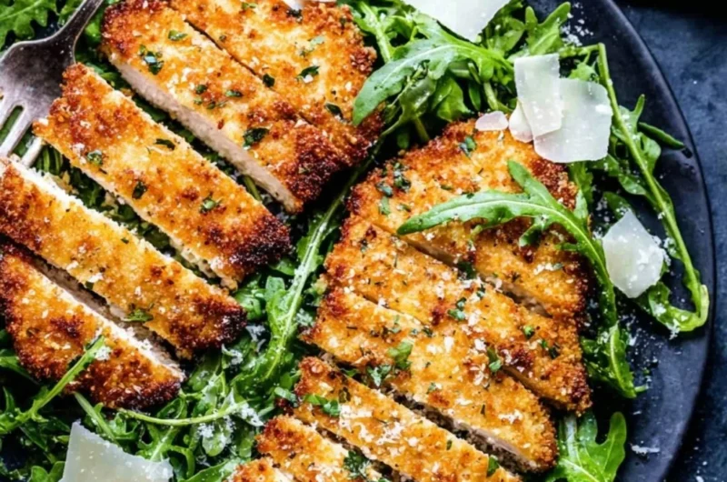 Crispy air-fryer chicken breast on a plate garnished with herbs