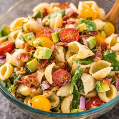 Avocado BLT Pasta Salad with crispy bacon, lettuce, and ripe avocados