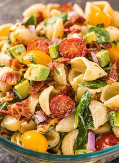 Avocado BLT Pasta Salad with crispy bacon, lettuce, and ripe avocados