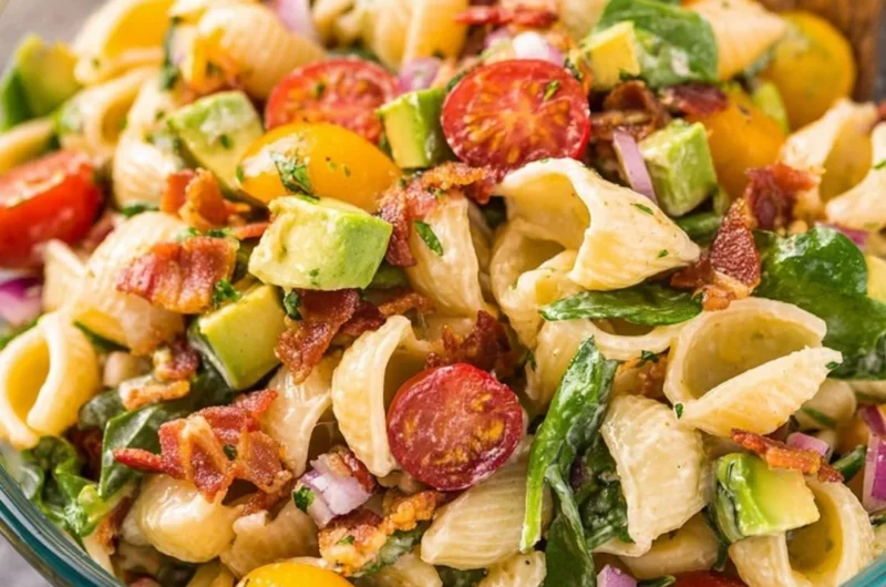 Avocado BLT Pasta Salad with crispy bacon, lettuce, and ripe avocados