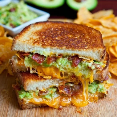 Bacon Guacamole Grilled Cheese Sandwich with crispy bacon and creamy guacamole.