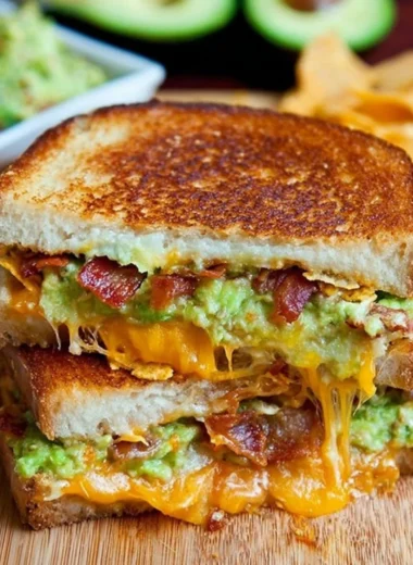 Bacon Guacamole Grilled Cheese Sandwich with crispy bacon and creamy guacamole.