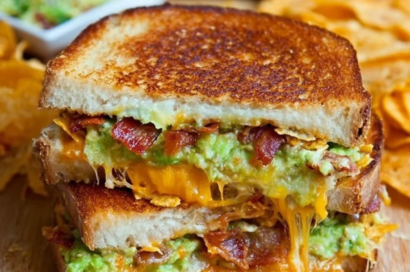 Bacon Guacamole Grilled Cheese Sandwich with crispy bacon and creamy guacamole.