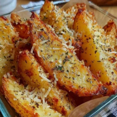 Baked garlic parmesan potato wedges on a platter, garnished with herbs