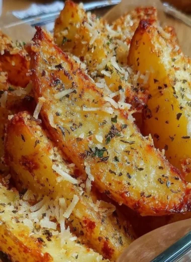 Baked garlic parmesan potato wedges on a platter, garnished with herbs