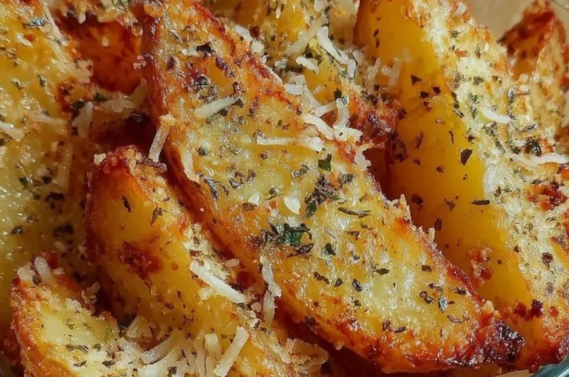 Baked garlic parmesan potato wedges on a platter, garnished with herbs