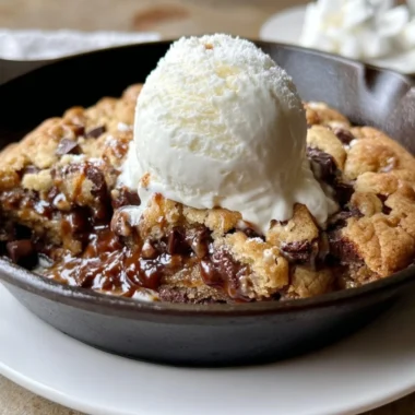 BB S'mores chocolate chip cookie skillet topped with marshmallows and chocolate