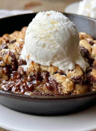 BB S'mores chocolate chip cookie skillet topped with marshmallows and chocolate