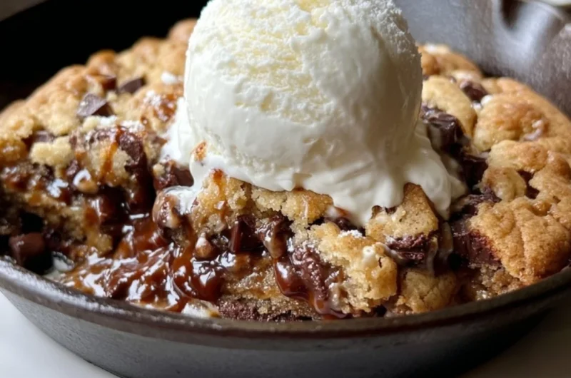 BB S'mores chocolate chip cookie skillet topped with marshmallows and chocolate