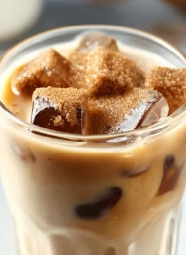 Brown sugar vanilla iced coffee in a glass topped with ice and whipped cream