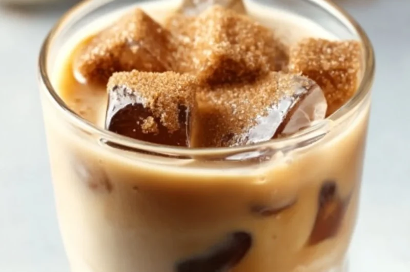 Brown sugar vanilla iced coffee in a glass topped with ice and whipped cream