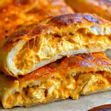 Buffalo chicken garbage bread with melted cheese and spicy sauce.