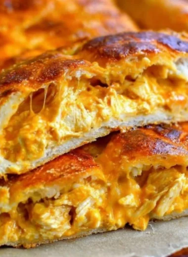 Buffalo chicken garbage bread with melted cheese and spicy sauce.