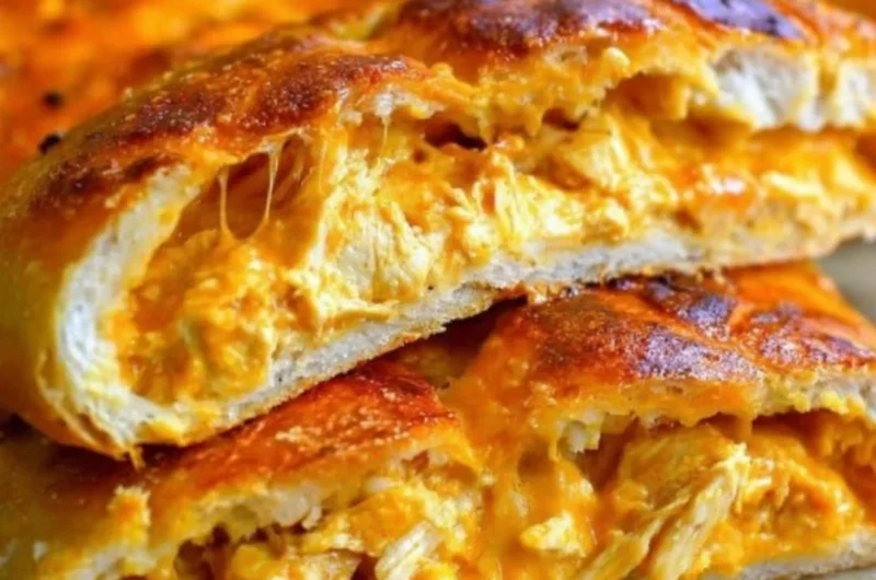 Buffalo chicken garbage bread with melted cheese and spicy sauce.