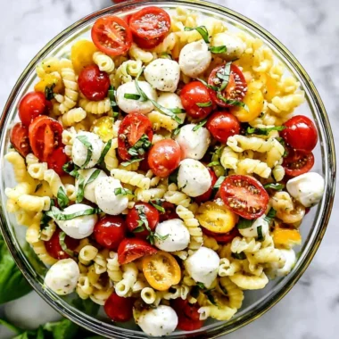Delicious Caprese Pasta Salad with tomatoes, mozzarella, basil, and pasta.