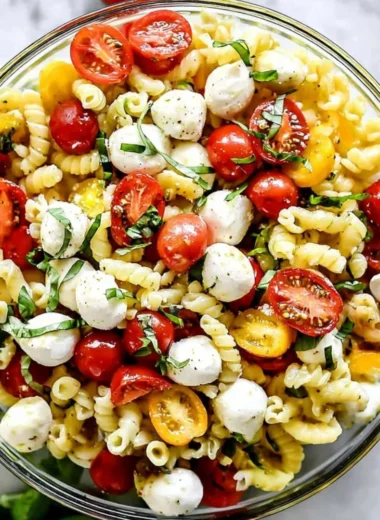 Delicious Caprese Pasta Salad with tomatoes, mozzarella, basil, and pasta.