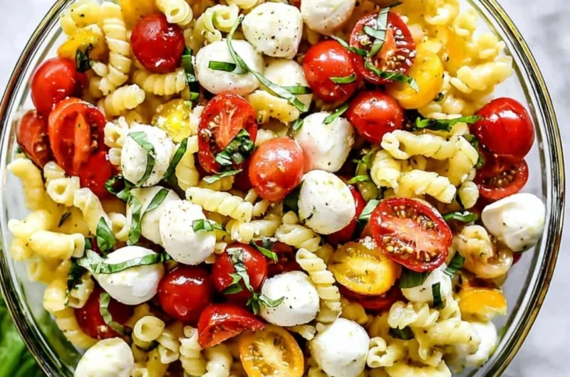 Delicious Caprese Pasta Salad with tomatoes, mozzarella, basil, and pasta.
