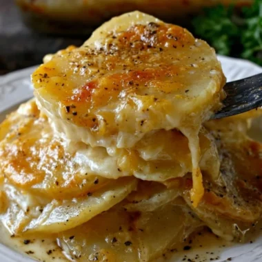 Creamy cheesy garlic scalloped potatoes in a baking dish