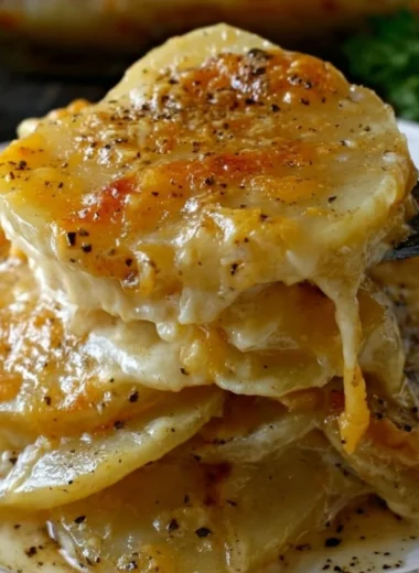 Creamy cheesy garlic scalloped potatoes in a baking dish