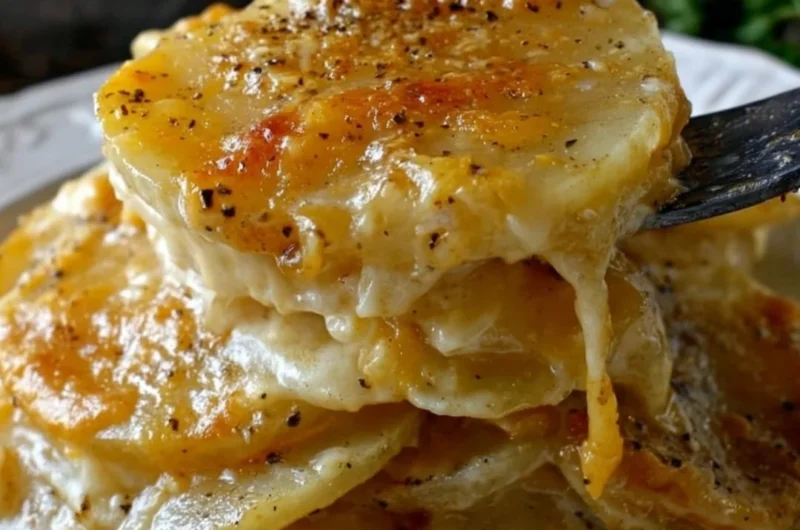 Creamy cheesy garlic scalloped potatoes in a baking dish