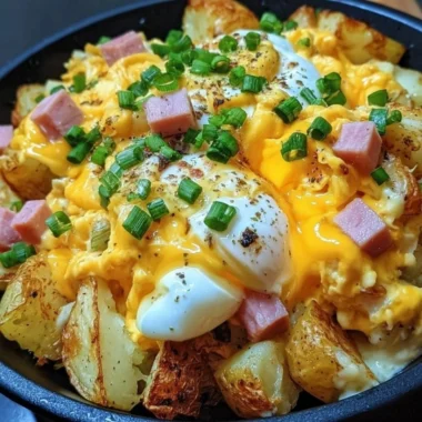 Cheesy Potato Egg Scramble with melted cheese and fresh herbs