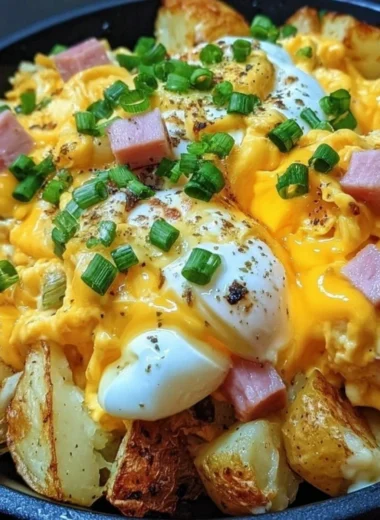 Cheesy Potato Egg Scramble with melted cheese and fresh herbs