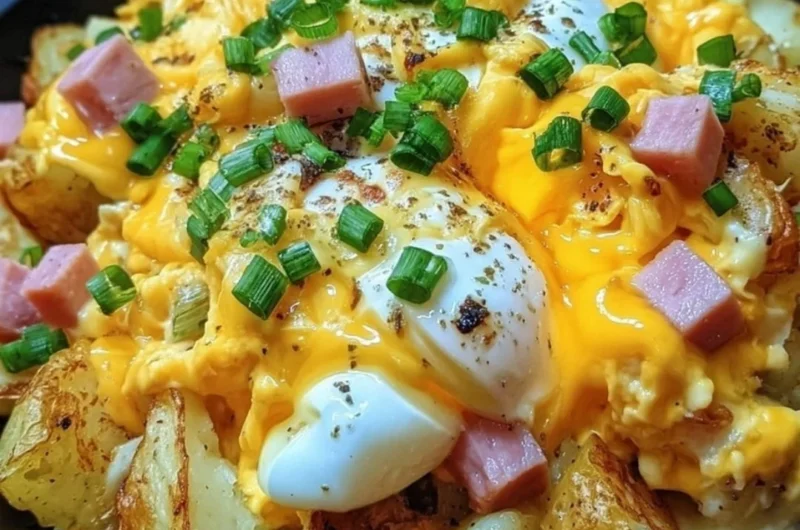 Cheesy Potato Egg Scramble with melted cheese and fresh herbs
