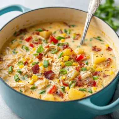 Delicious bowl of chicken corn chowder topped with herbs