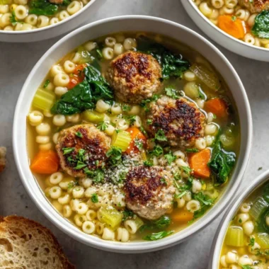 Bowl of Chicken Meatball Soup with fresh herbs and vegetables