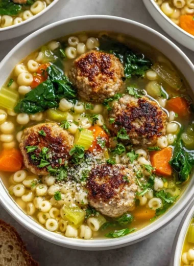Bowl of Chicken Meatball Soup with fresh herbs and vegetables