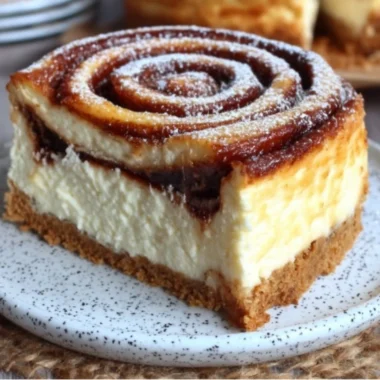 Delicious Cinnamon Roll Cheesecake topped with honeybun glaze and cinnamon.