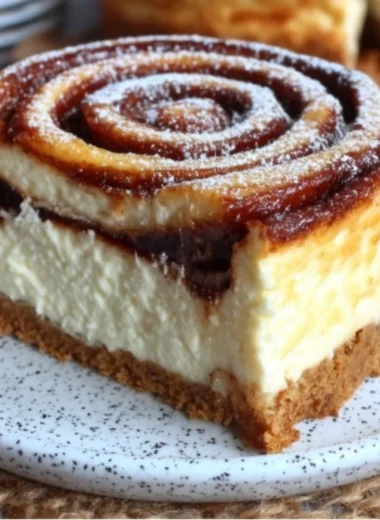 Delicious Cinnamon Roll Cheesecake topped with honeybun glaze and cinnamon.