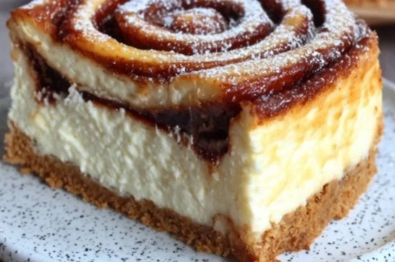 Delicious Cinnamon Roll Cheesecake topped with honeybun glaze and cinnamon.