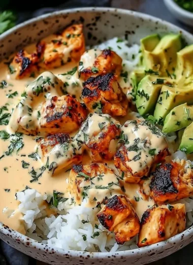 Coconut Chicken Rice Bowl with tropical ingredients served in a bowl