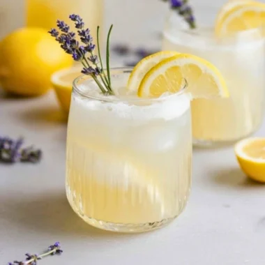 A refreshing Coconut Lavender Lemonade Mocktail garnished with lavender sprigs and lemon.