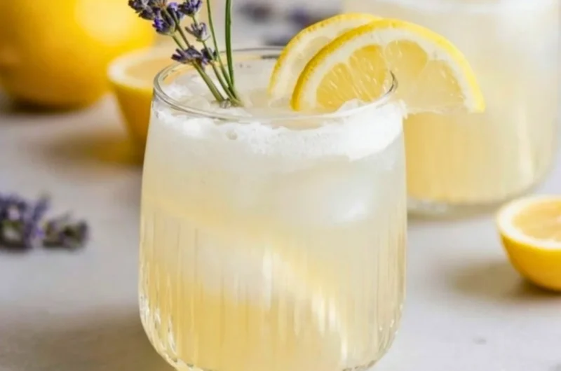 A refreshing Coconut Lavender Lemonade Mocktail garnished with lavender sprigs and lemon.