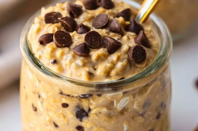 Delicious cookie dough overnight oats topped with chocolate chips and nuts