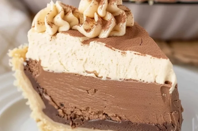 Costco Peanut Butter Chocolate Cream Pie topped with chocolate drizzle and peanuts.