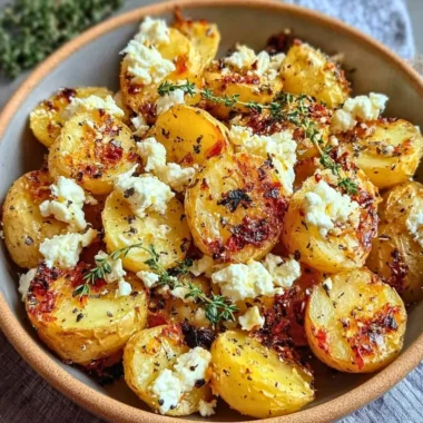 Delicious Greek Feta Roast Potatoes served in a rustic dish