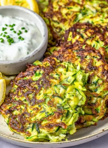 Delicious and crispy zucchini fritters served on a plate with a dipping sauce