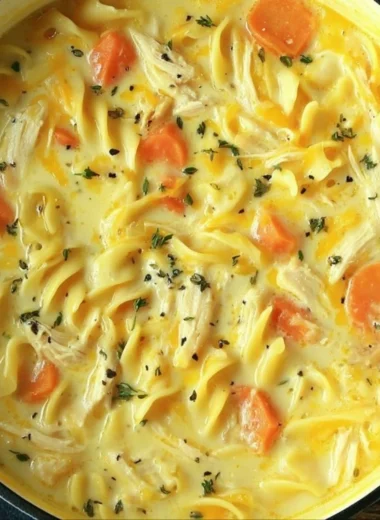 Bowl of hearty Crack Chicken Noodle Soup with chicken, noodles, and vegetables