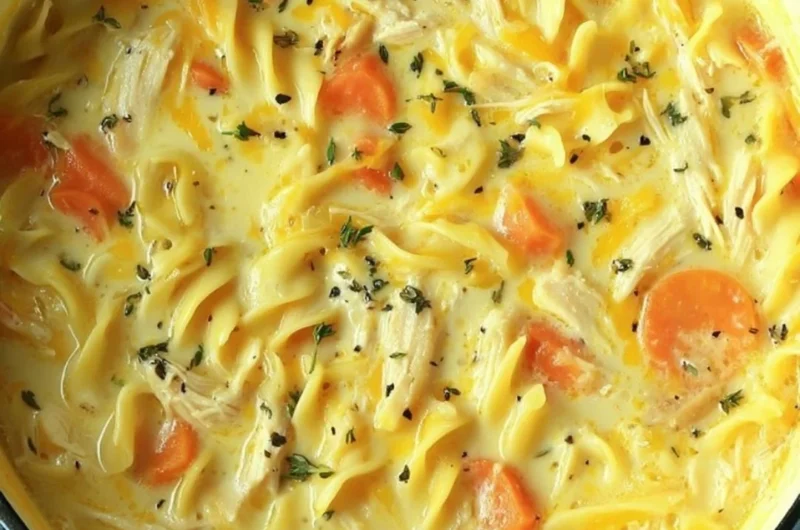 Bowl of hearty Crack Chicken Noodle Soup with chicken, noodles, and vegetables