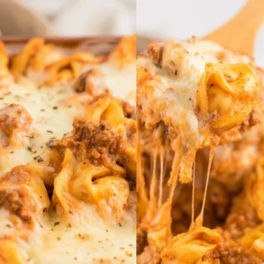 Creamy baked tortellini casserole served in a baking dish with cheese on top