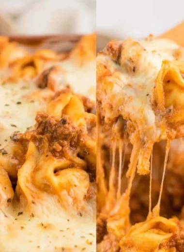 Creamy baked tortellini casserole served in a baking dish with cheese on top