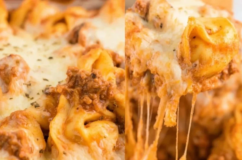 Creamy baked tortellini casserole served in a baking dish with cheese on top