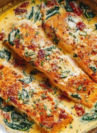 Creamy Garlic Tuscan Salmon served with spinach and sun-dried tomatoes