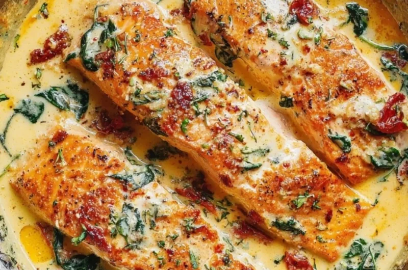 Creamy Garlic Tuscan Salmon served with spinach and sun-dried tomatoes