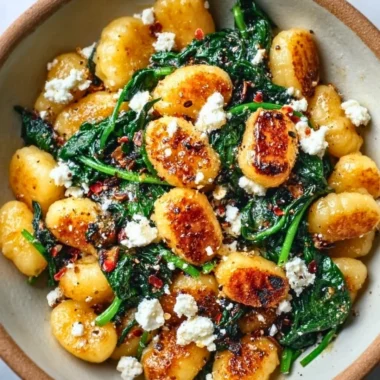 Creamy gnocchi with spinach and feta served in a bowl